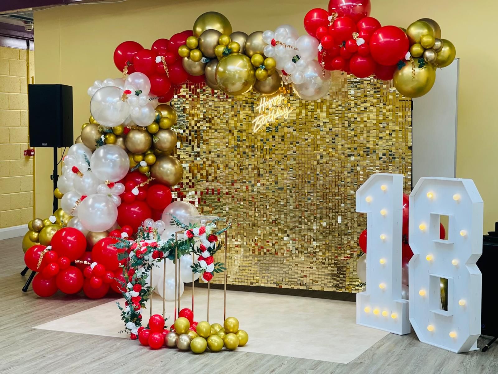 18th Birthday Balloon Arch with Sequin Backdrop