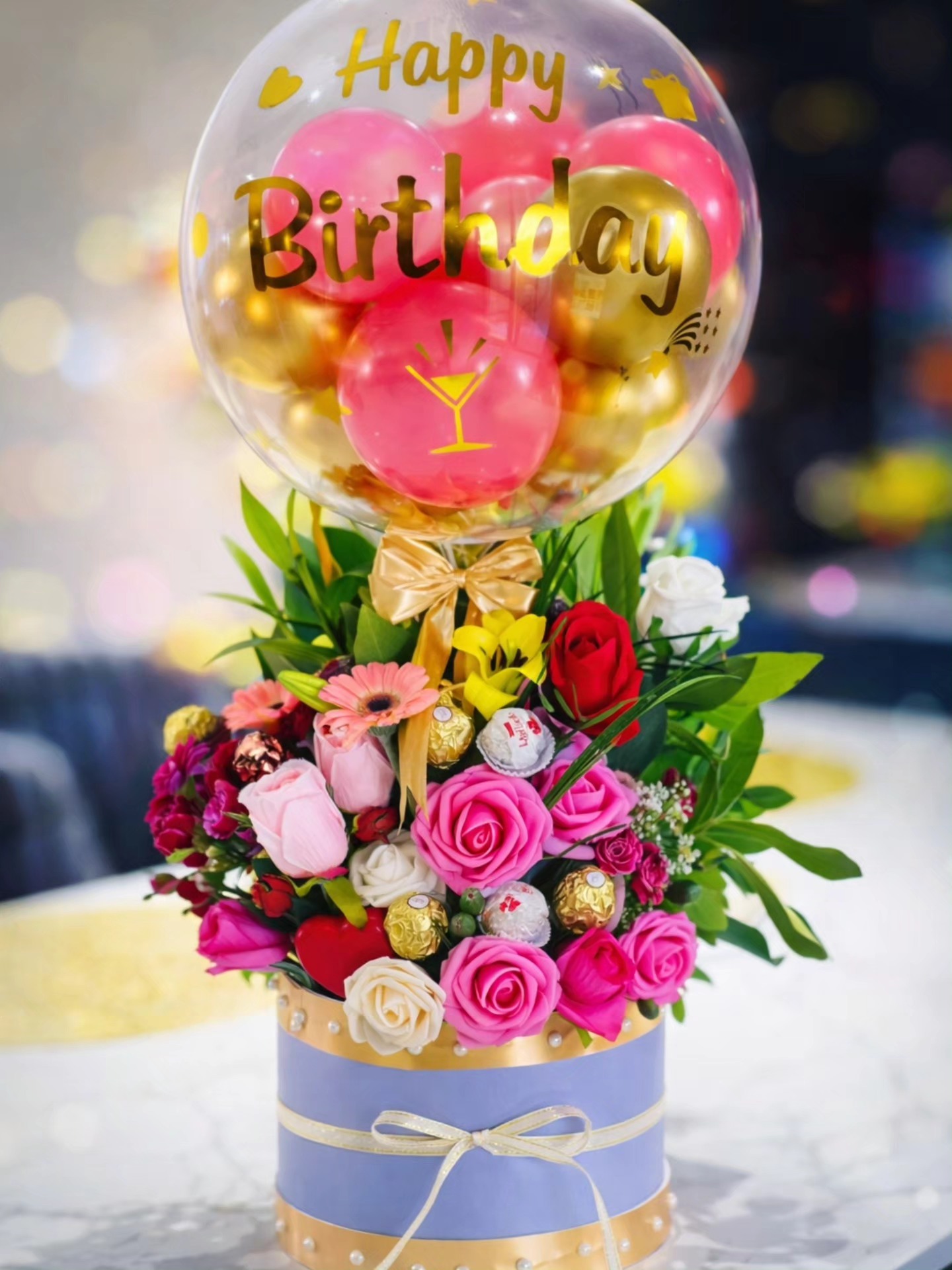 Happy Birthday Balloon and Floral Arrangement